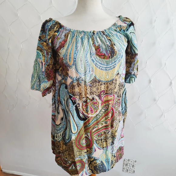 Umgee • Off Shoulder • Boho Blouse Top • Paisley Print • Large - Picture 1 of 5